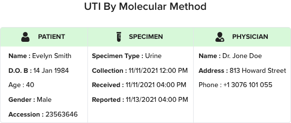 report format of uti by molecular method displaying patient information, specimen information, and physician details
